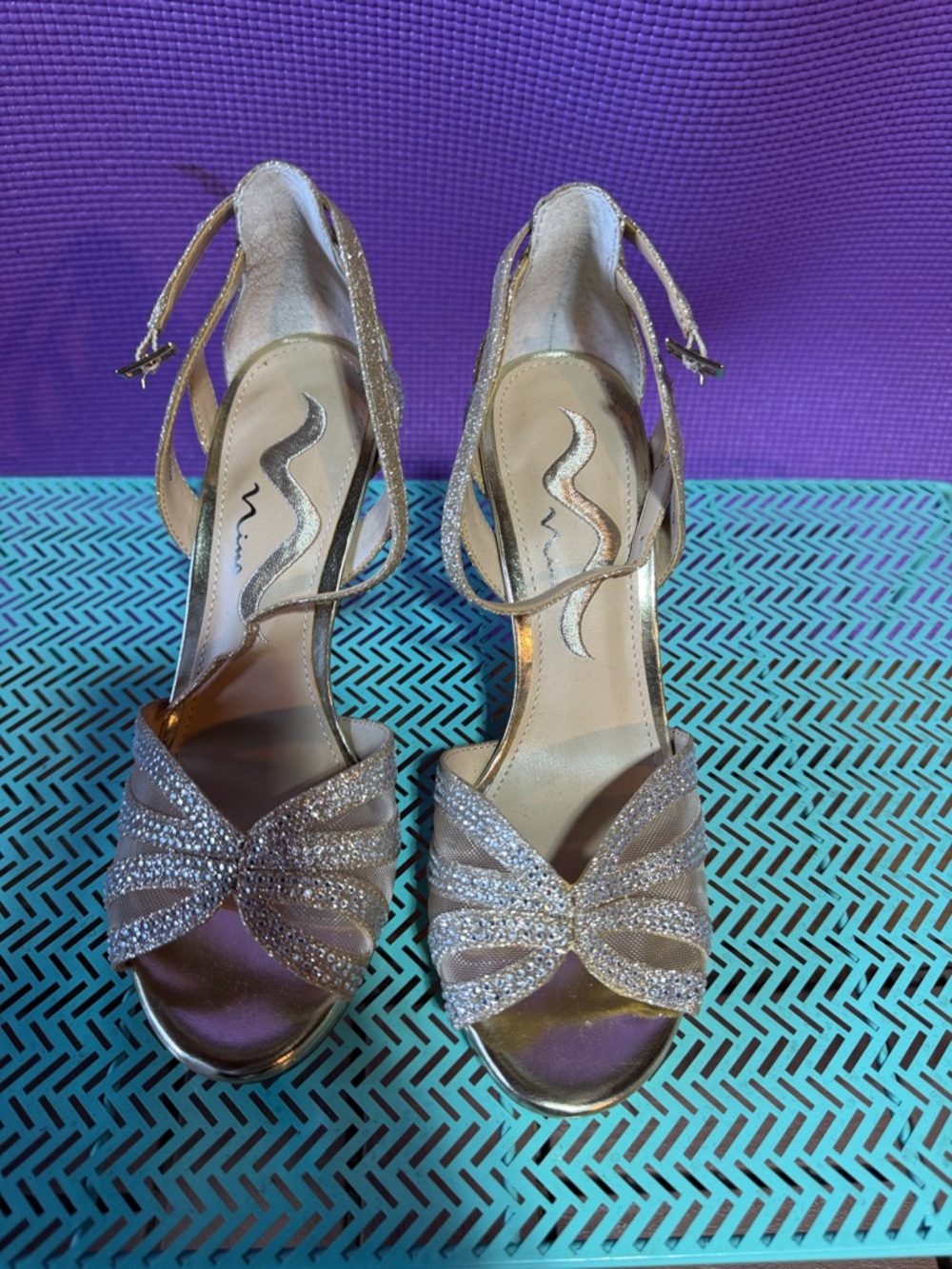 Nina Gold Glitter Open-Toe Heels